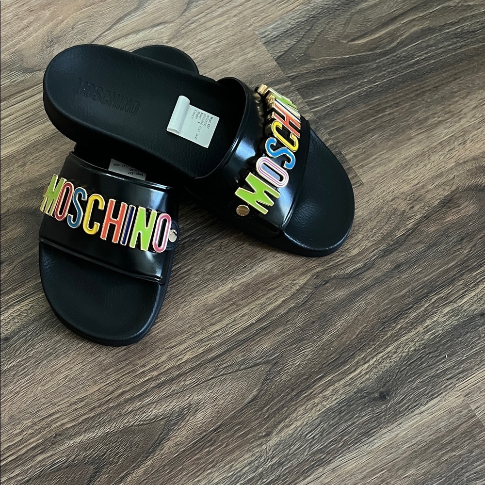 Moschino Flat Black Slides with Colorful Logo